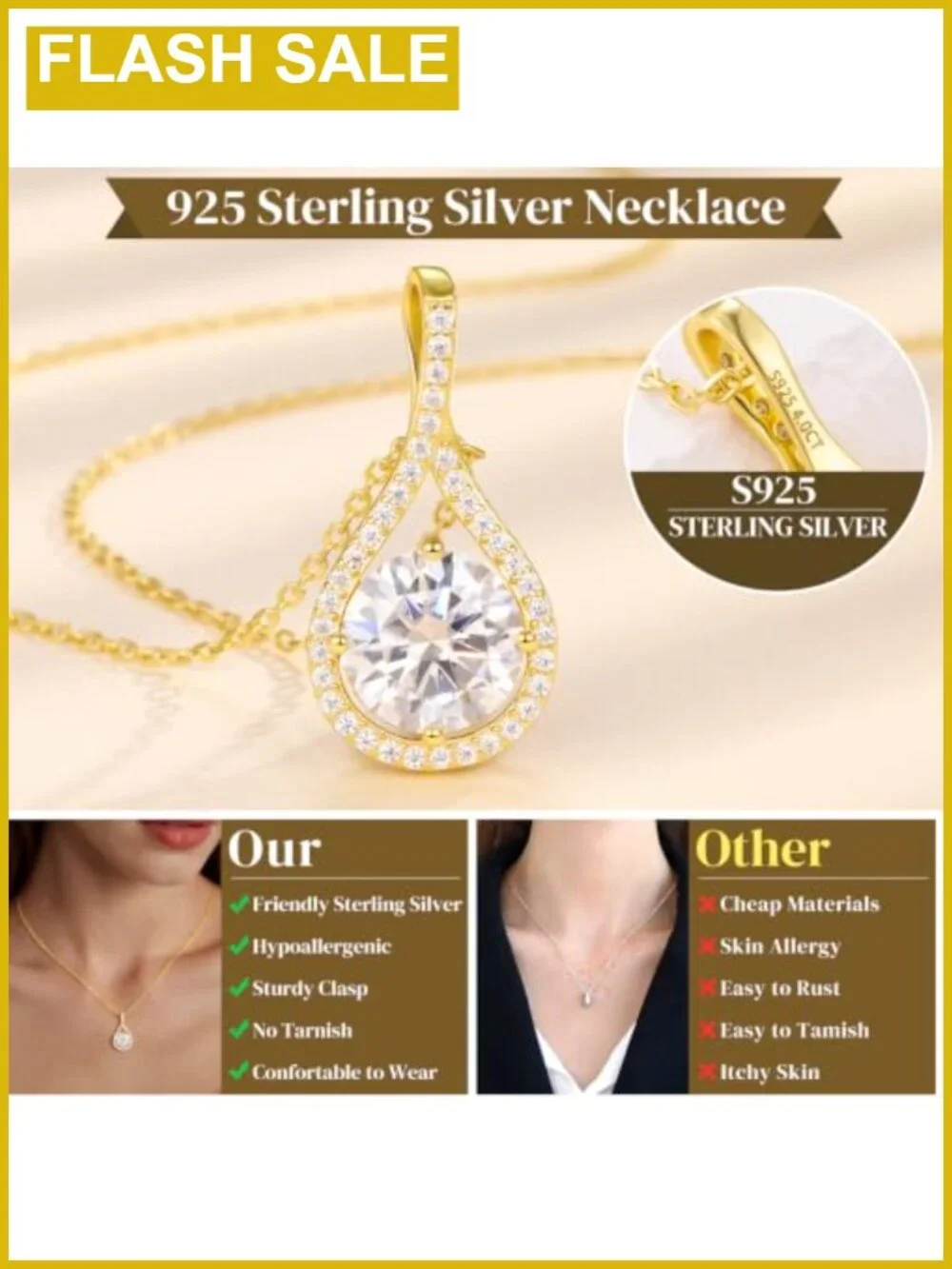Moissanite Pendant Necklace 925 Sterling Silver 18K Gold Plated Gift for Women